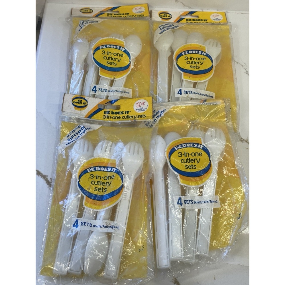 Vintage Plastic Cutlery Sets 3-in-One 4‎ Sets x 4 Packs Travel New Old Stock